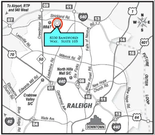 Raleigh area map showing location of North Raleigh Endodontics Us