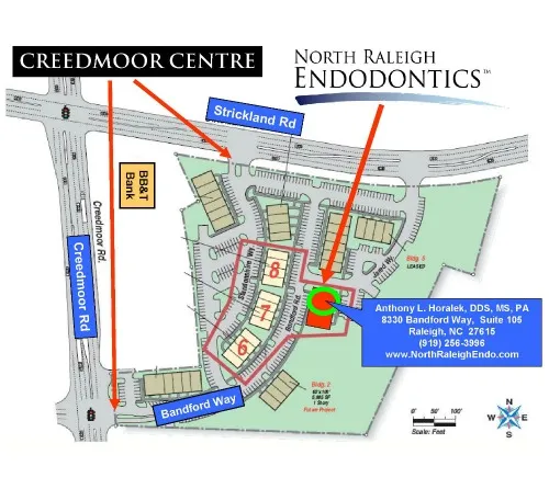 Map of Creedmor Centre, showing location of North Raleigh Endodontics